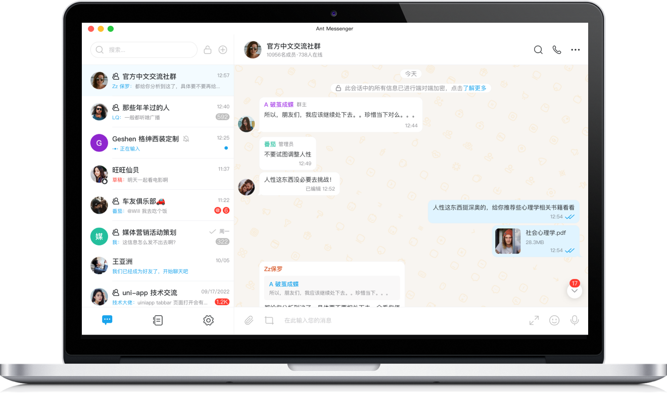 Ant Messenger 产品界面 双人聊天加密示意